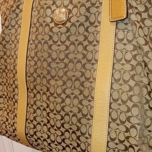 * COACH, Tan Khaki Brown Signature LARGE Tote Handbag Leather Straps Canvas